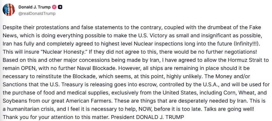 ⚡️ JUST IN: Trump says Iran agreed to permanent nuclear inspections, while the US will keep the Str...
