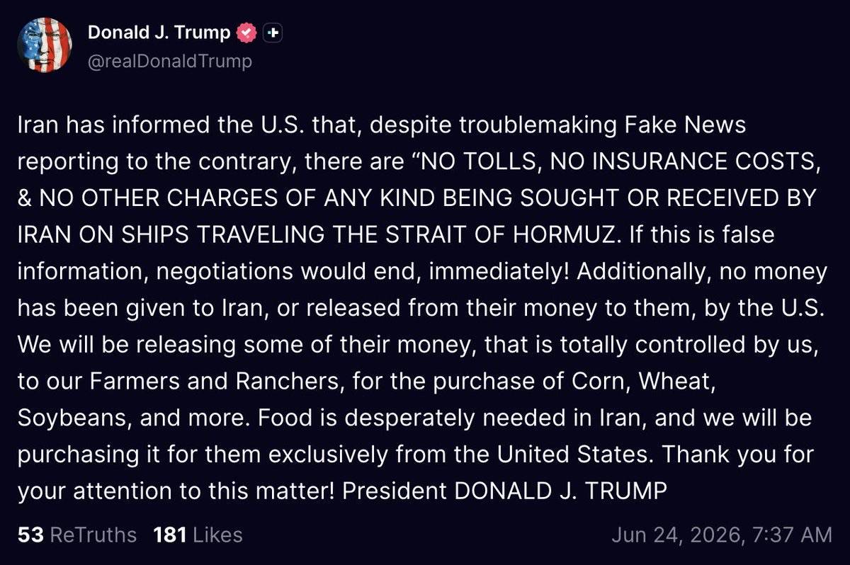 ⚡️ JUST IN: Trump says Iran informed the US that no tolls or charges are being imposed on ships pas...