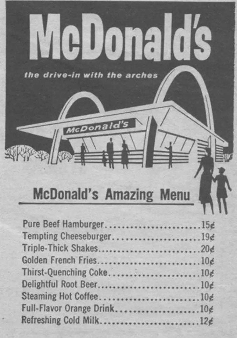 This McDonald’s menu is from the 1950s.
Hamburger: 15 cents
Fries: 10 cents
Coffee: 10 cents
And p...
