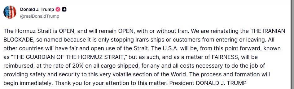 ⚡️ JUST IN: Trump says the Strait of Hormuz will remain open, reinstates a blockade on Iranian ship...