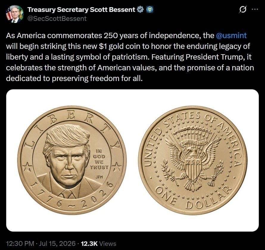 Treasury Secretary Scott Bessent announced the release of a new $1 gold coin featuring Trump to "hon...