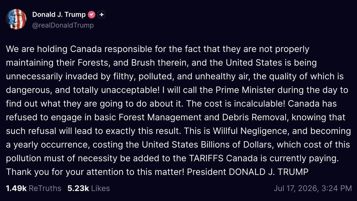 ⚡️ JUST IN: Trump threatens to increase tariffs on Canada over "willful negligence" causing forest...