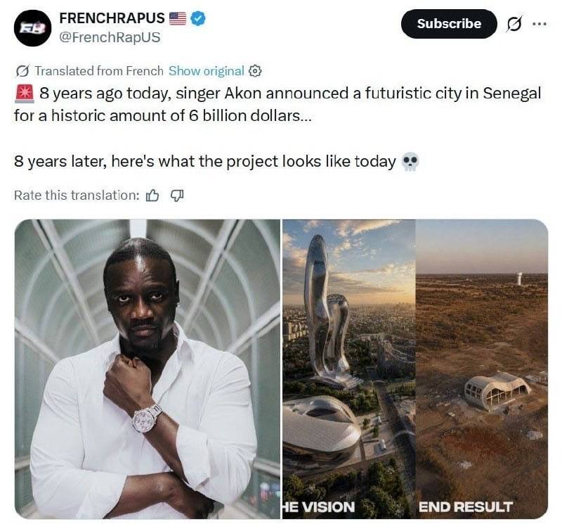 Eight years ago, rapper Akon announced plans to build a $6 billion futuristic city in Senegal.
55...