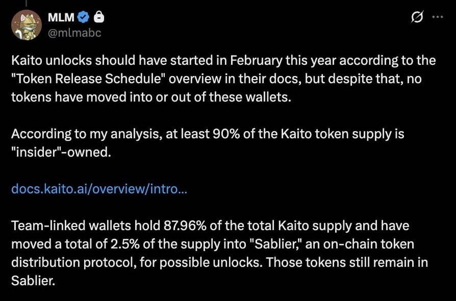 ๐ฉ KAITO Token Unlock Claims Debunked
On-chain investigator MLM claims the announced KAITO token un...