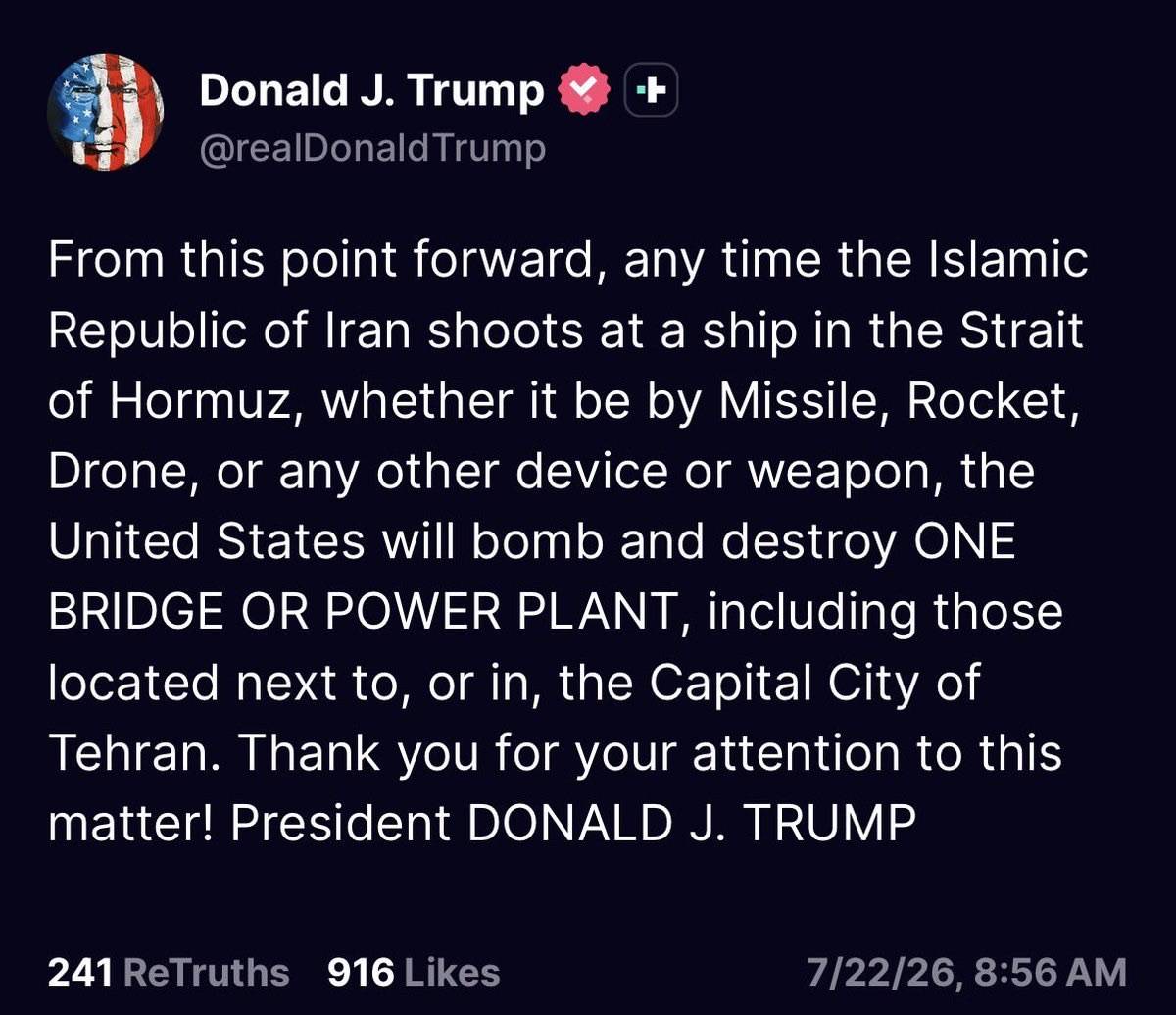 ⚡️ JUST IN: Trump says US will bomb one bridge or power plant for every Iranian attack on ships in...