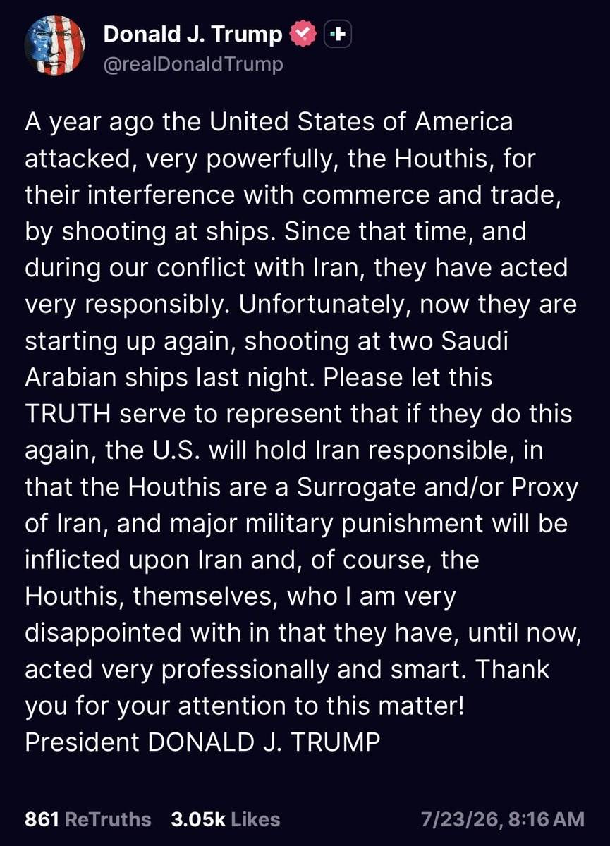 ⚡️ JUST IN: Trump says the US will hold Iran responsible for strikes by Yemen’s Houthis.
The Houth...