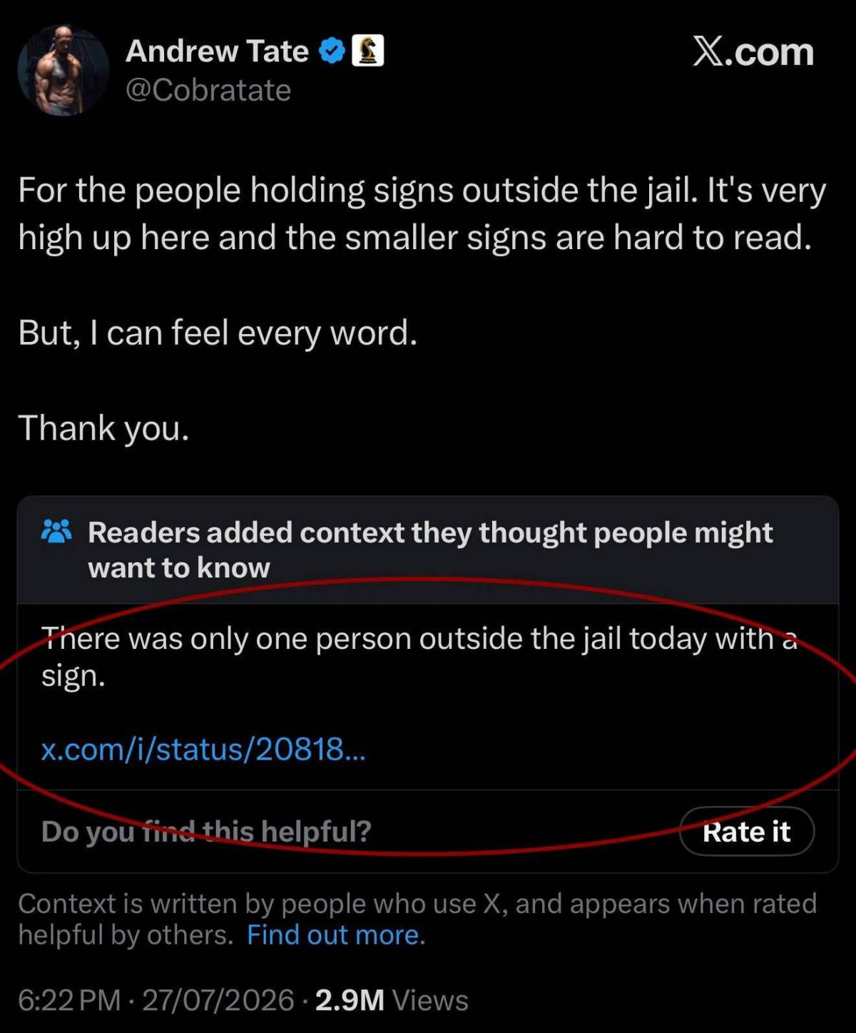 Andrew Tate thanked people holding signs outside the prison, saying the signs were hard to read but...