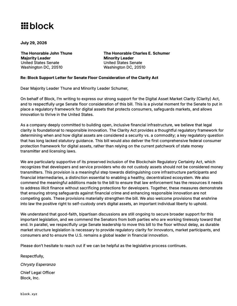 ๐ข Block stated support for the Digital Asset Market (Clarity) Act
Block wrote, "I'm writing to exp...