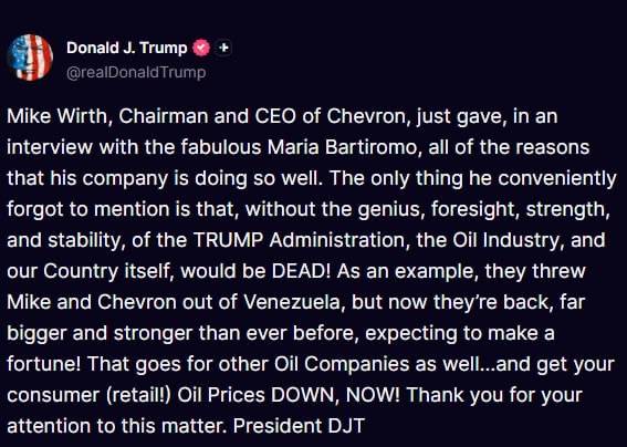 ⚡️ JUST IN: Trump urges Chevron and other US oil companies to cut retail prices immediately, praisi...