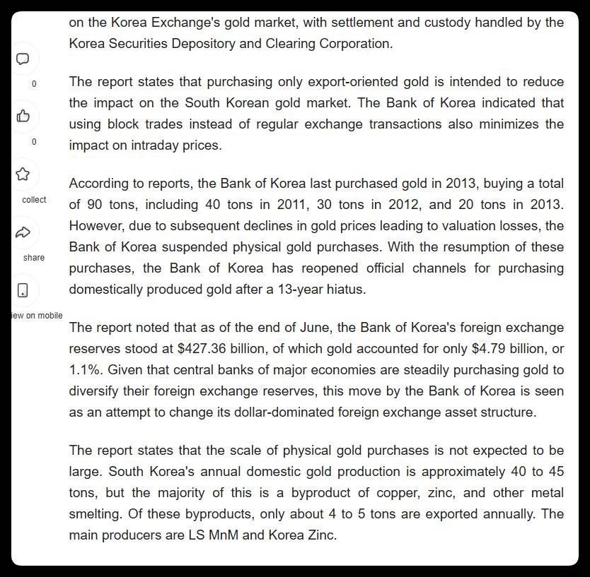 Bank of Korea resumed gold purchases for the first time since 2013
