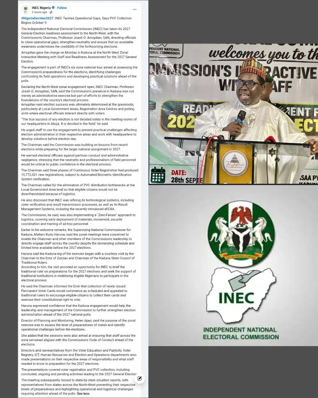 INEC officially declares October 9 as the beginning date for PVC collection ahead of the 2027 presid...