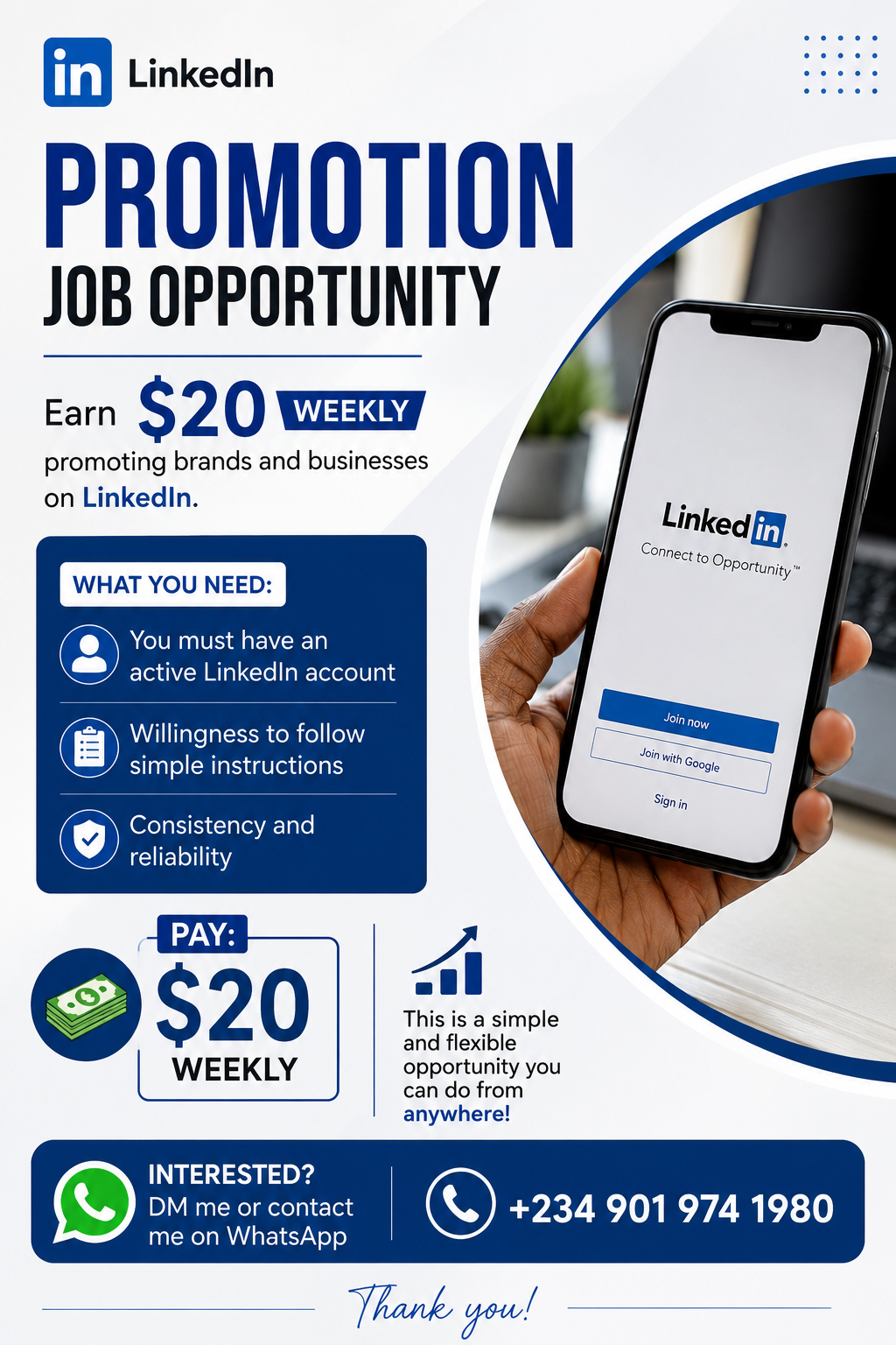 I have a LinkedIn promotion job available that pays $20 per week.
Requirements:
- You must have an...