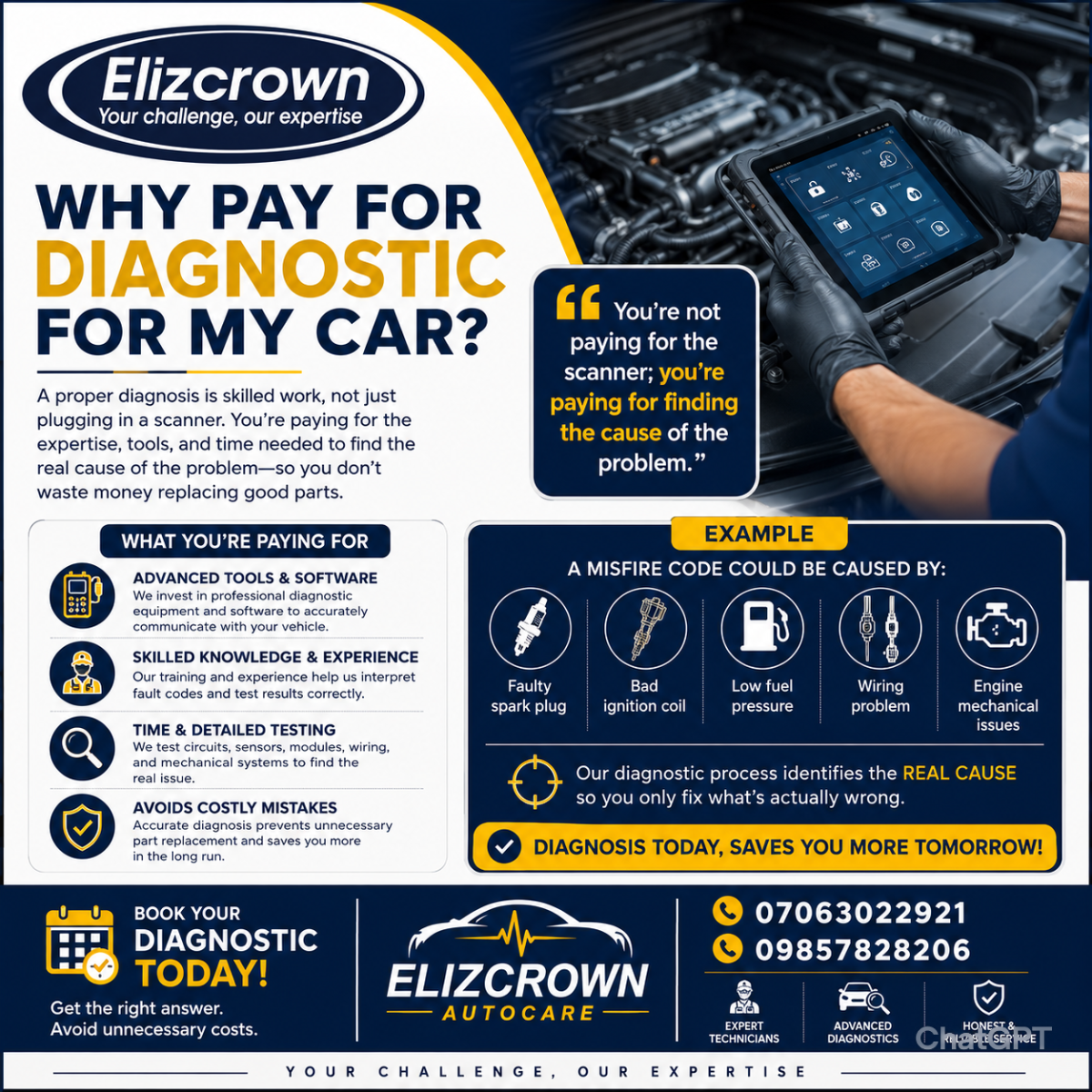 You should pay for vehicle diagnostics because a proper diagnosis is skilled work, not just plugging...