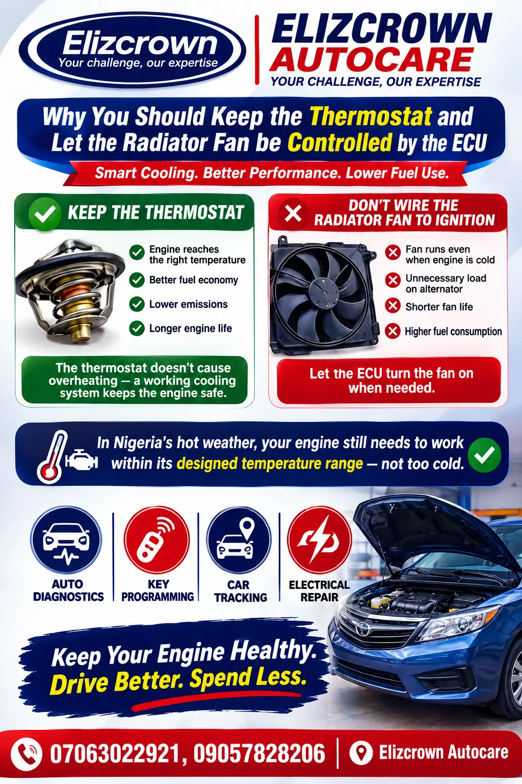 Even in Nigeria’s hot climate, you generally should not remove the thermostat or wire the radiator f...