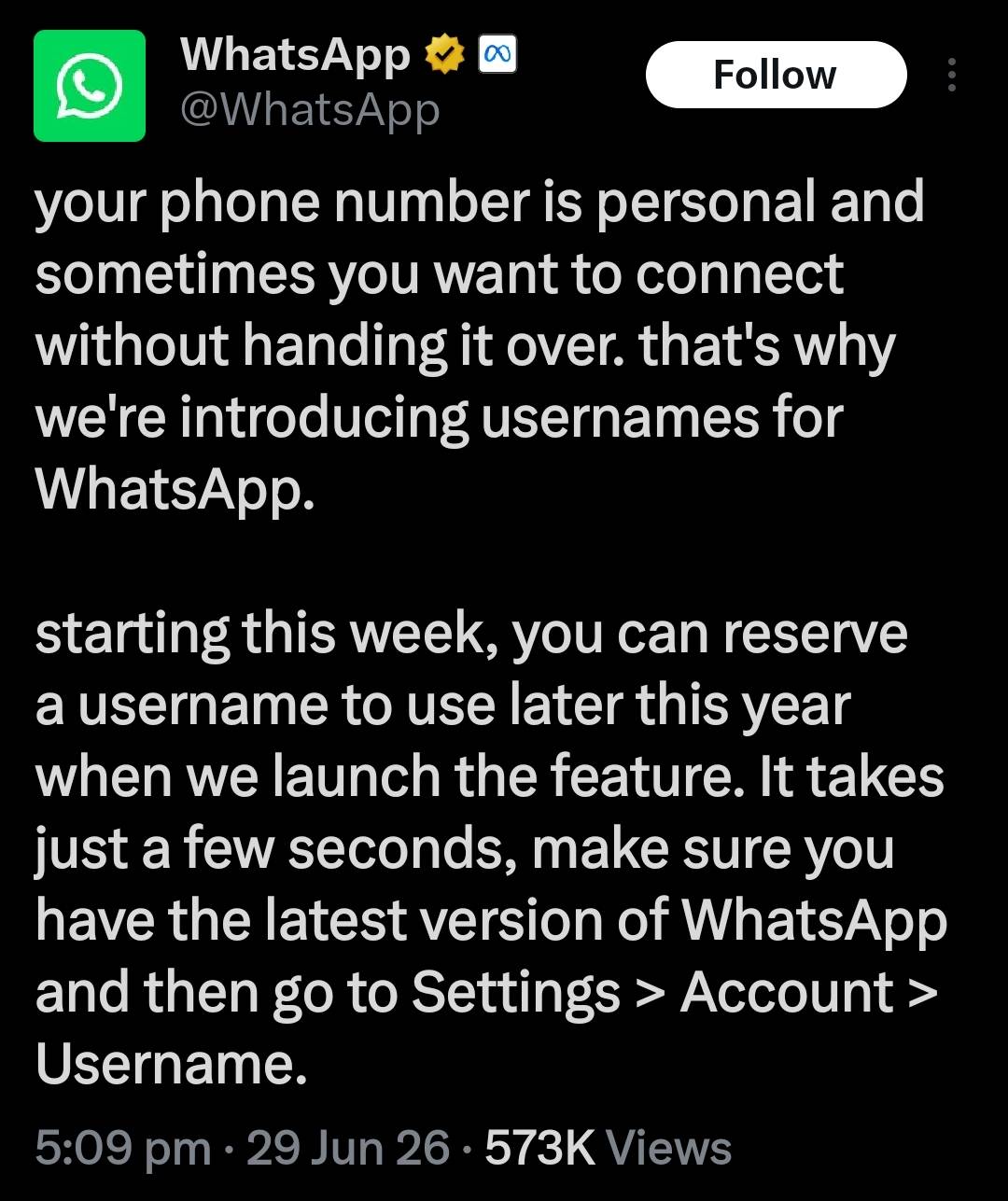 BREAKING: From next week, WhatsApp users can choose a username. This means you can chat with people...