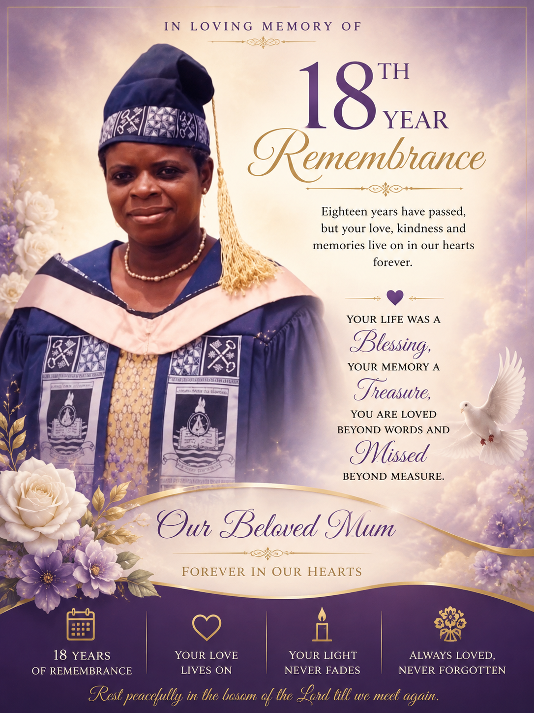 18 Years of Loving Remembrance.
Gone from our sight, but never from our hearts. Rest on, dear Mum. ๐...