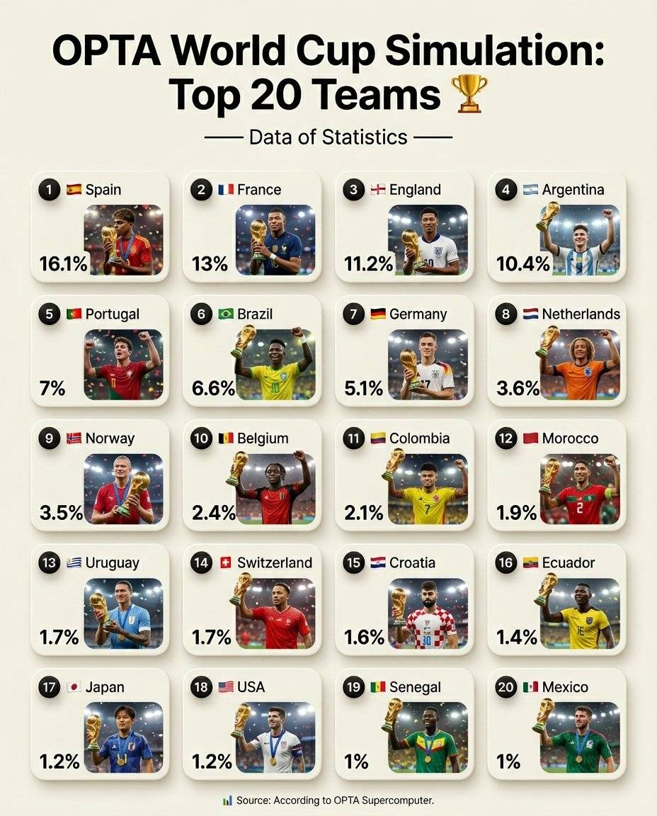 OPTA World Cup Simulation: Top 20 Teams ๐
1. ๐ช๐ธ Spain โ 16.1%
2. ๐ซ๐ท France โ 13%
3. ๐ด๓ ง๓ ข๓ ฅ๓ ฎ๓ ง๓ ฟ E...