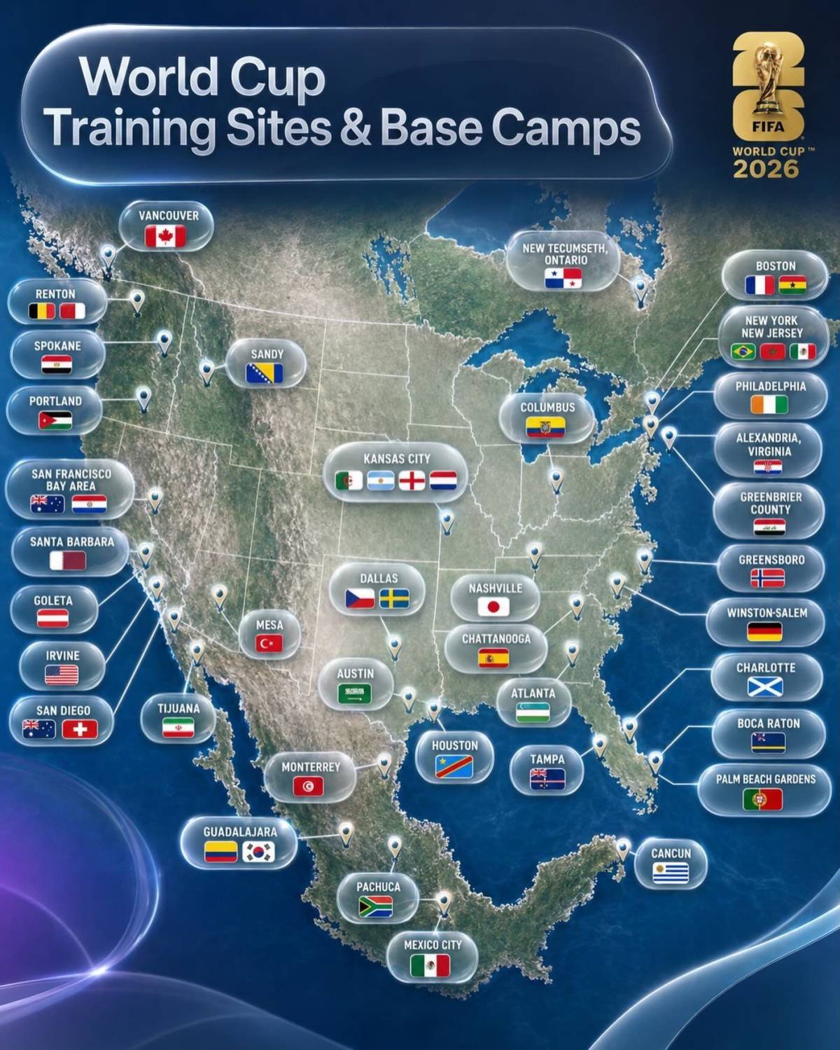This map shows where the 48 teams partaking in the FIFA World Cup 2026 will be based. π²π½πΊπΈπ¨π¦
