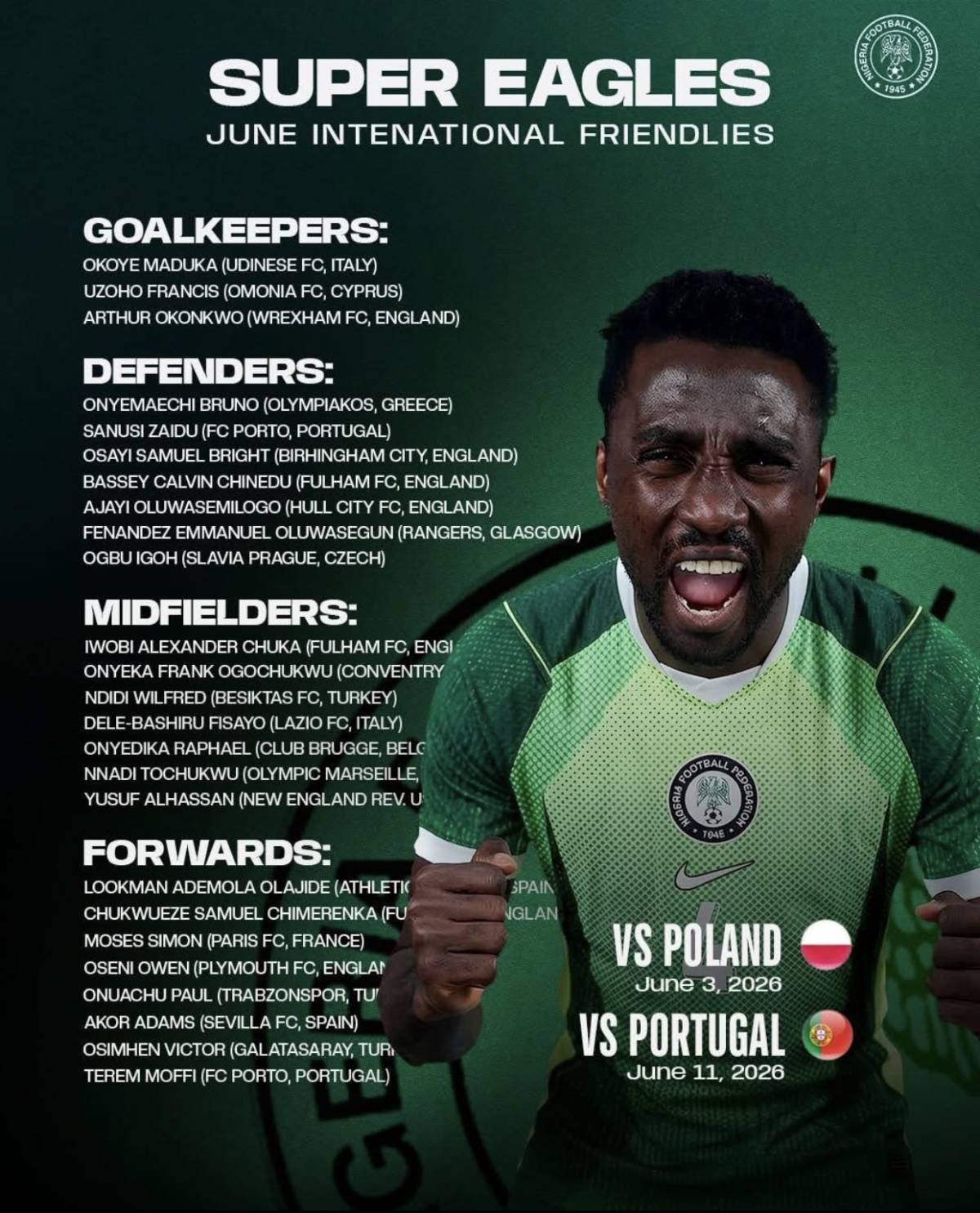Eric Chelle announces the Super Eagles squad to face Poland and Portugal during the June internation...
