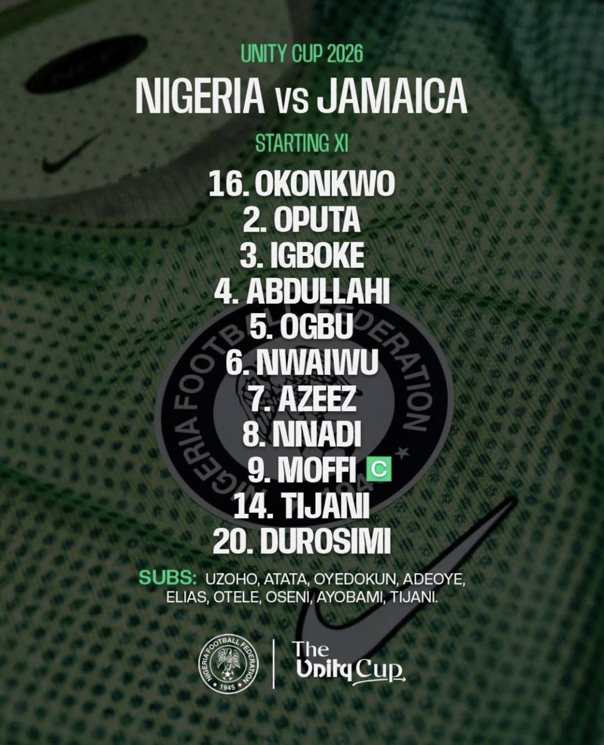 SUPER EAGLES LINE UP AGAINST JAMAICA IN THE UNITY CUP FINAL ๐ณ๐ฌ๐ฆ
Nigeria ๐ณ๐ฌ coach, Eric Chelle make...