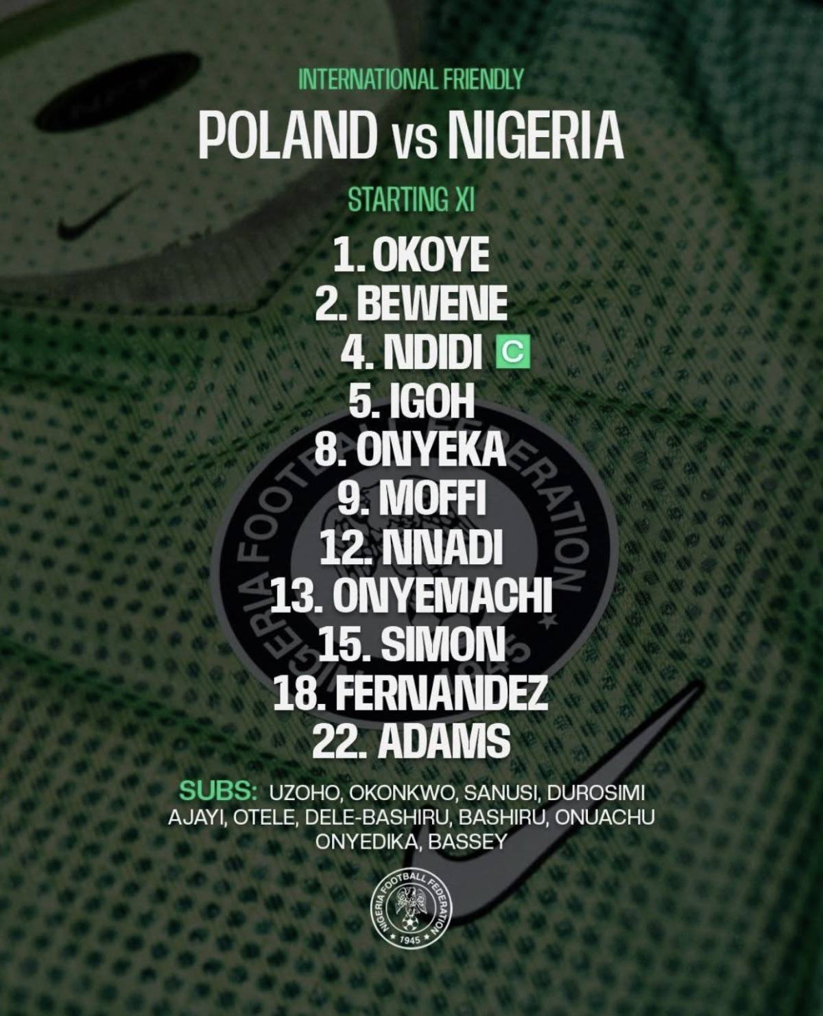 LINE UP: ๐ณ๐ฌ Super Eagles Starting XI to Face Poland ๐ต๐ฑ
๐ Kick-off: 7:45 PM
#SuperEagles #Nigeria...