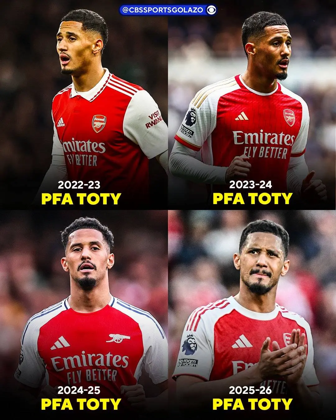William Saliba is the only player to have been named in each of the last four PFA Team of the Years...
