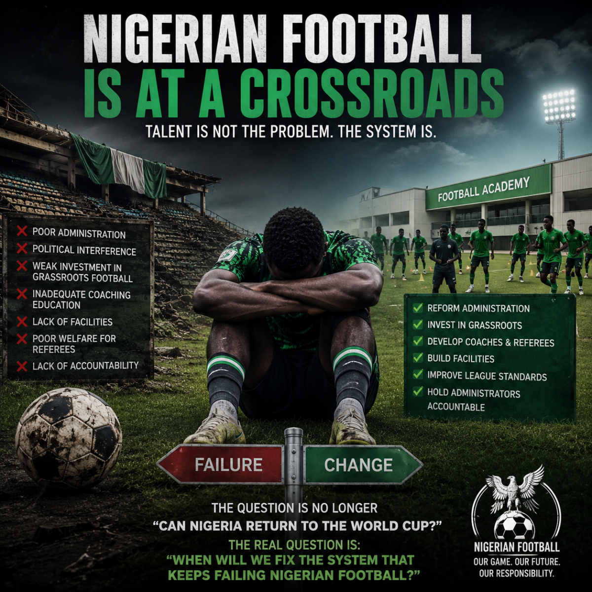 NIGERIAN FOOTBALL IS AT A CROSSROADS
Nigeria has now failed to qualify for two consecutive FIFA Wor...