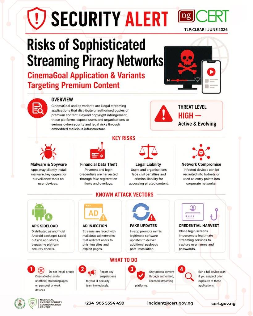 ngCERT alerts Nigerian users, organizations & stakeholders to the risk associated with sophisticated...