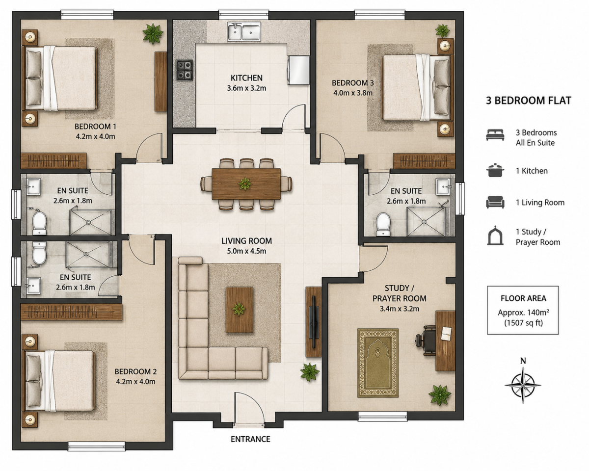 Simple 3 bedroom flat.