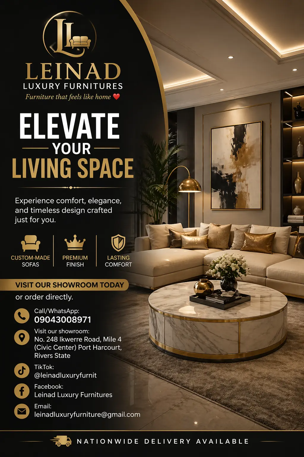 GOOD MORNING GREAT PEOPLE
IS WORK O'CLOCK
AT LEINAD LUXURY FURNITURES
We Sale Quality Sofas, Ti...