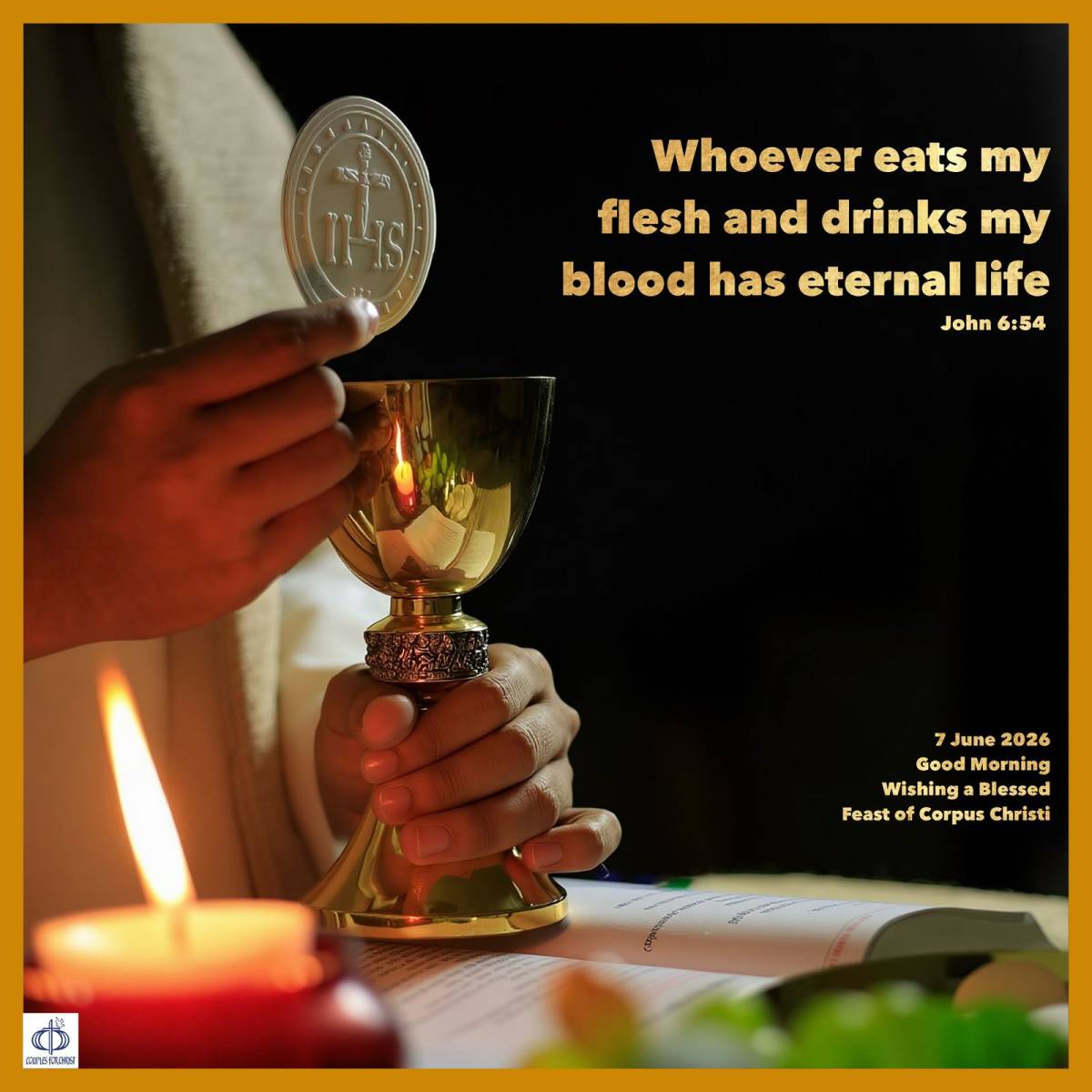 Whoever eats my flesh and drinks my blood has eternal life
(John 6:54)