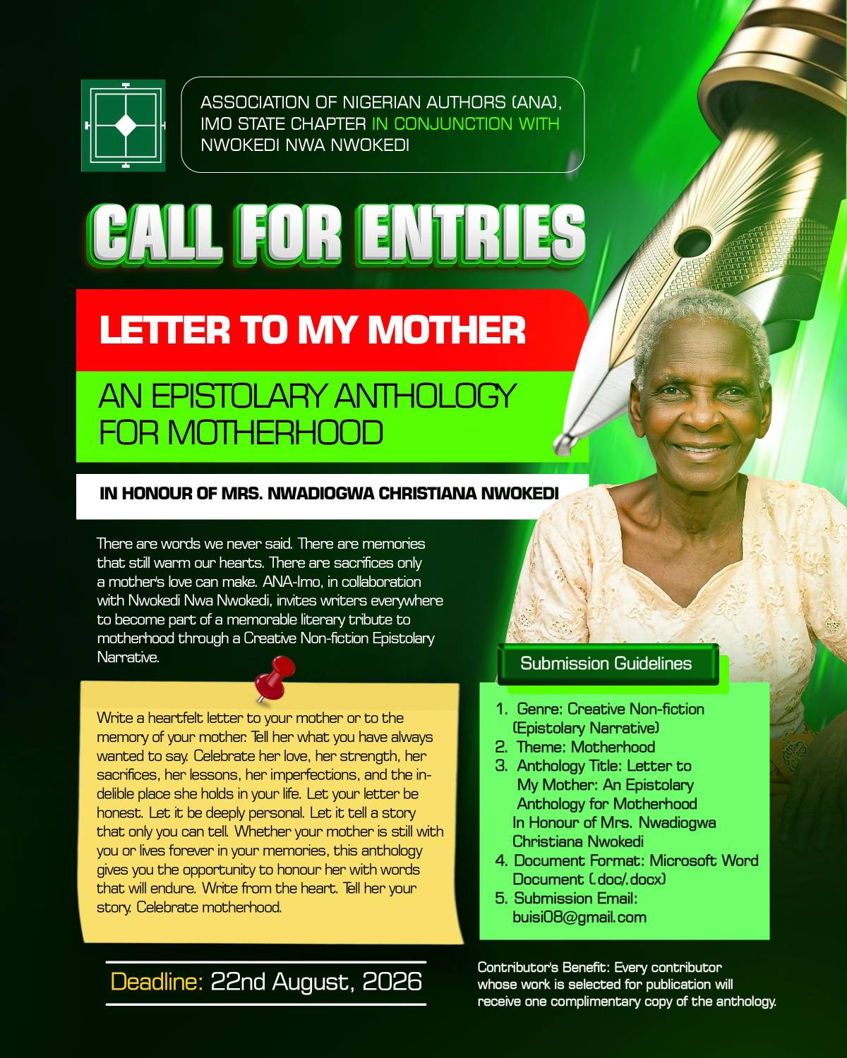 We look forward to receiving your entry in honor of your mother