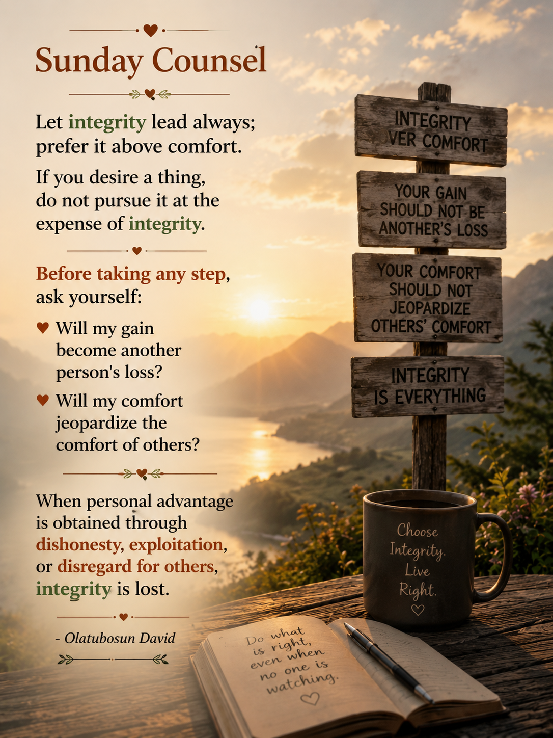 When personal advantage is obtained through dishonesty, exploitation, or disregard for others, integ...