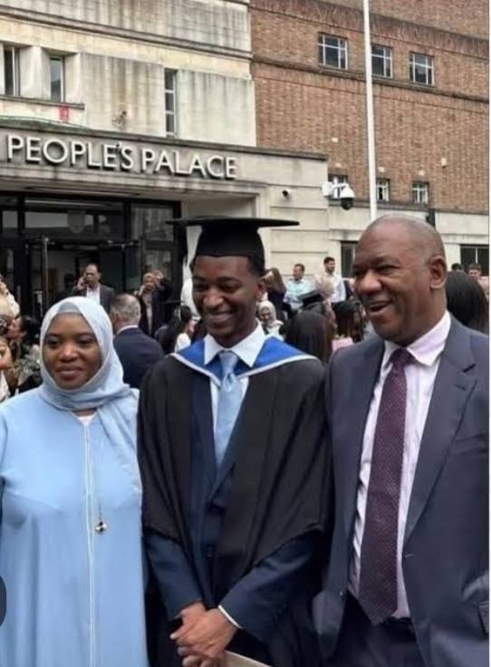 Left frame is Dr Datti Baba-Ahmed and wife celebrating the graduation of their son in faraway Queen...