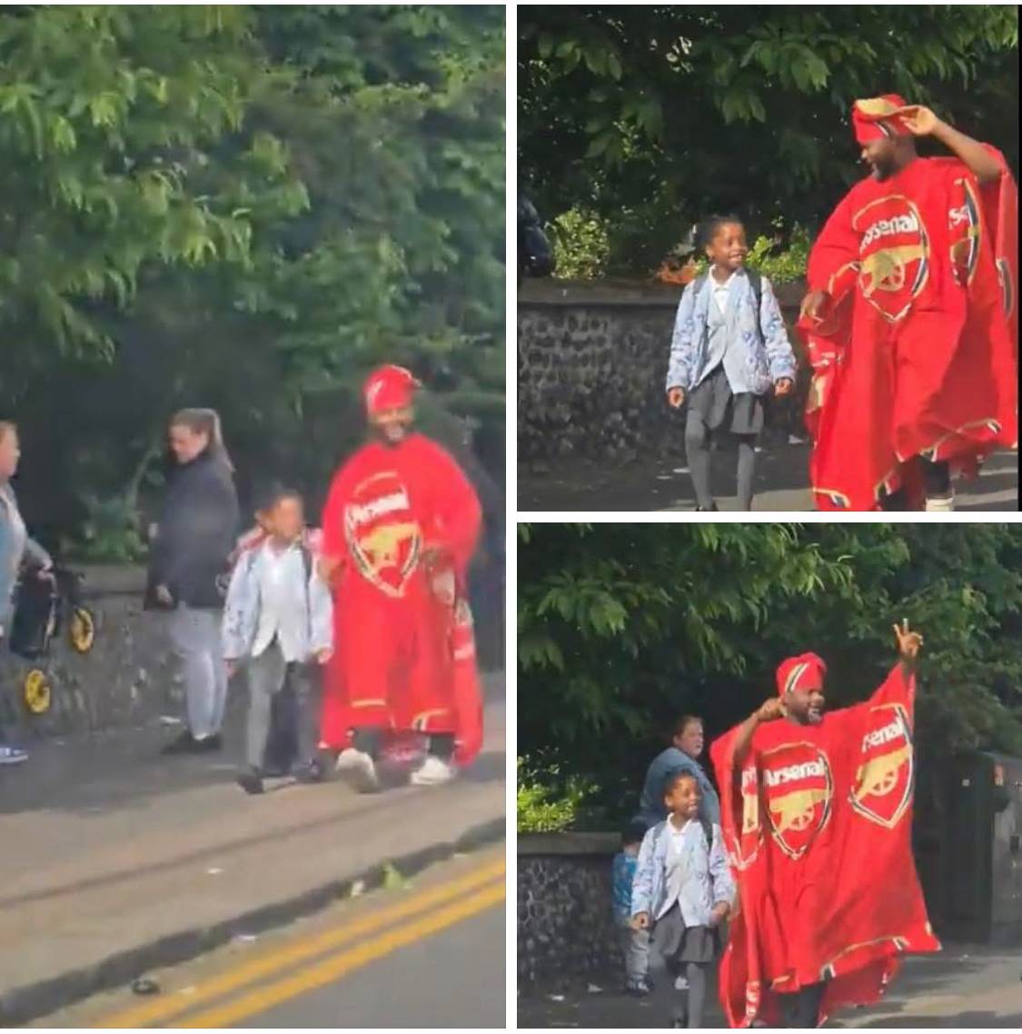 An Arsenal fan spotted in London taking his daughter to school dressed like this. Arsenal all the wa...