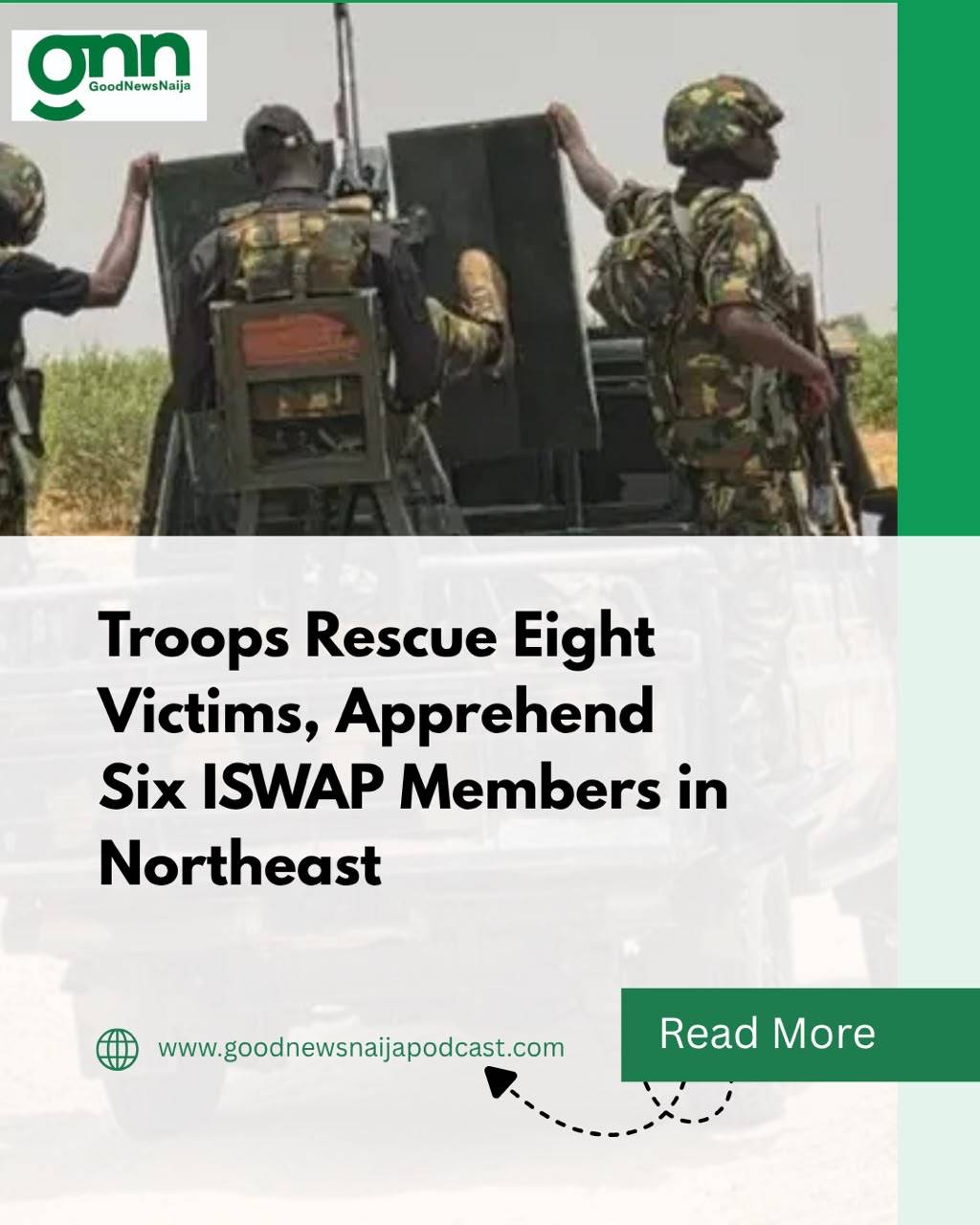 Nigerian troops have rescued eight abductees and arrested six suspected terrorists and collaborators...