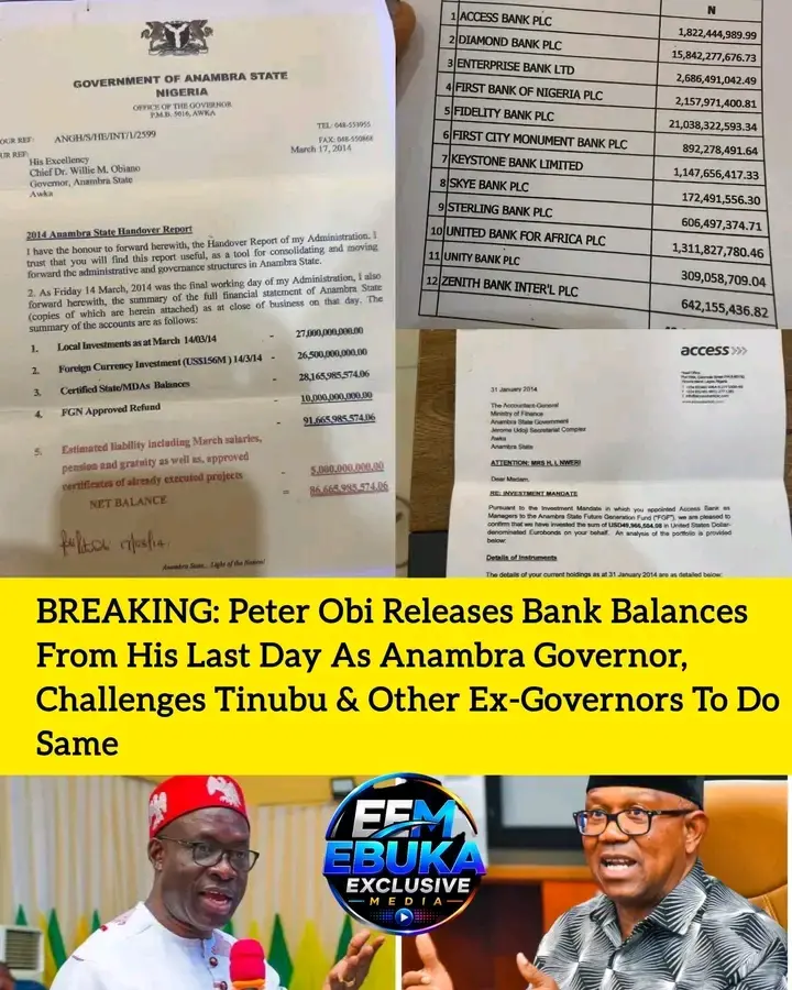 Peter Obi has released comprehensive bank balance records showing the funds in Anambra State account...