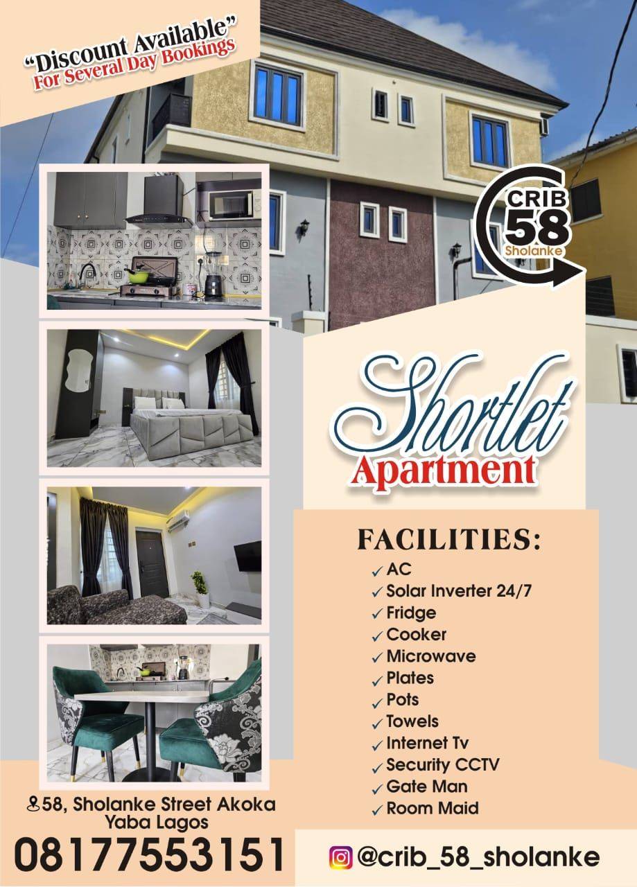 Shortlet 58 sholanke Street Akoka yaba 
0802 342 6623, 081 7755 3151