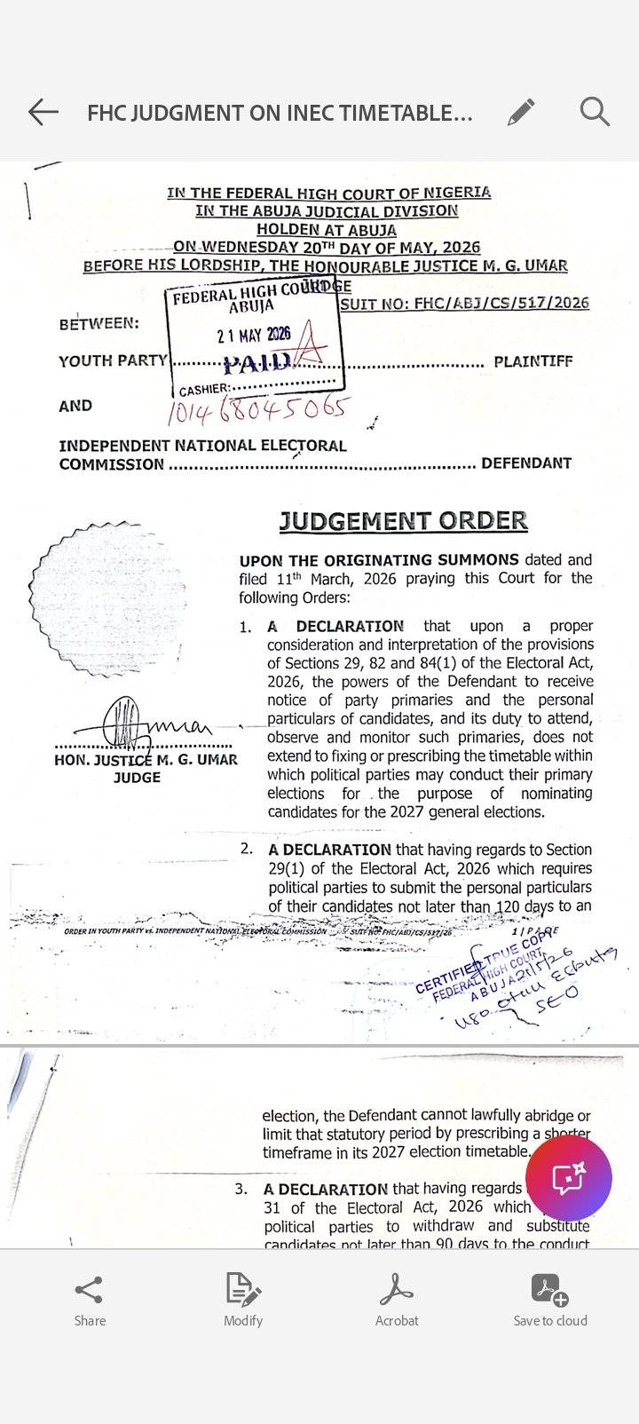 "A Federal High Court sitting in Abuja has ruled that the Independent National Electoral Commission...