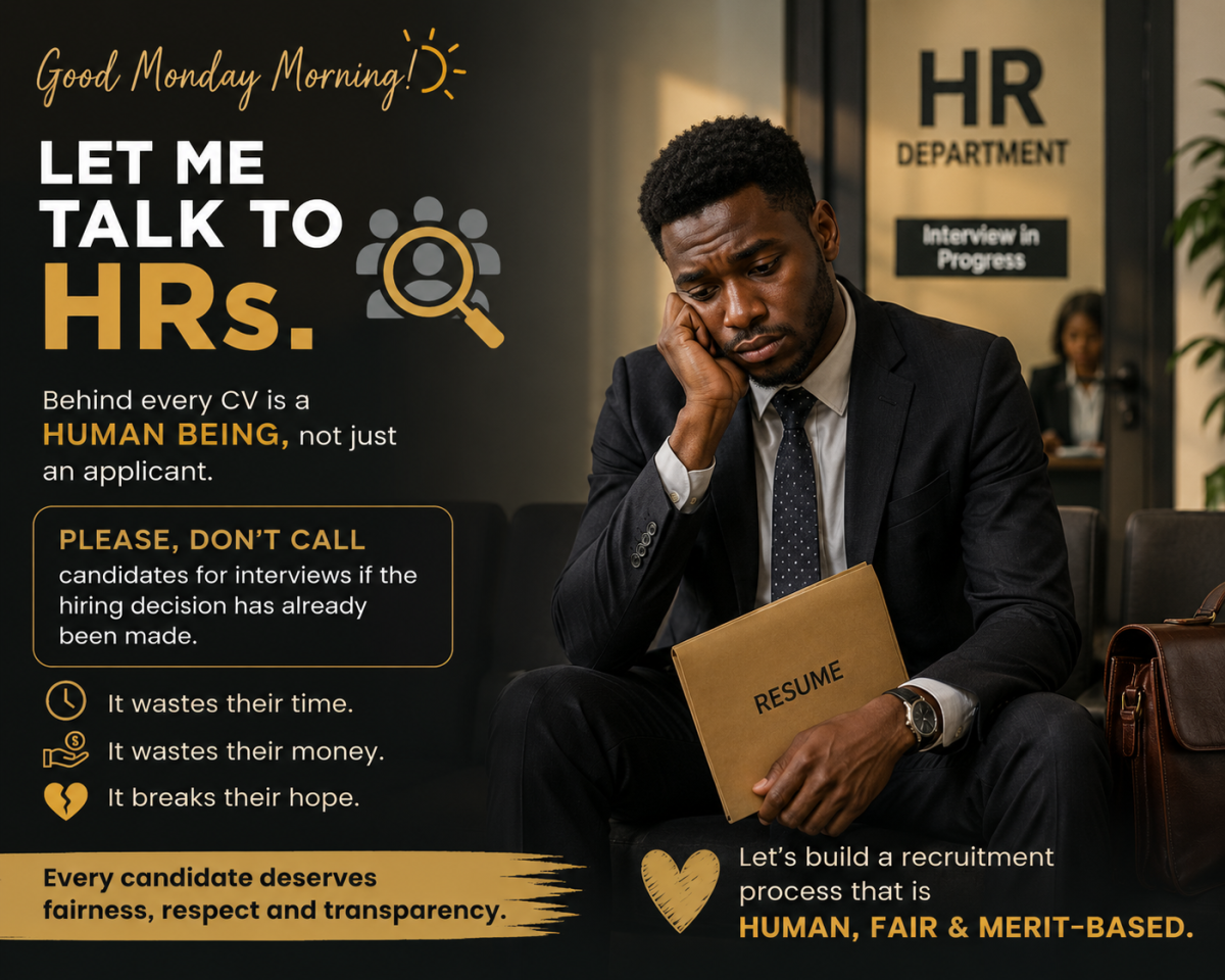 Good Monday morning, everyone.
Let me talk to HRs for a minute.
Please, don’t call candidates for...
