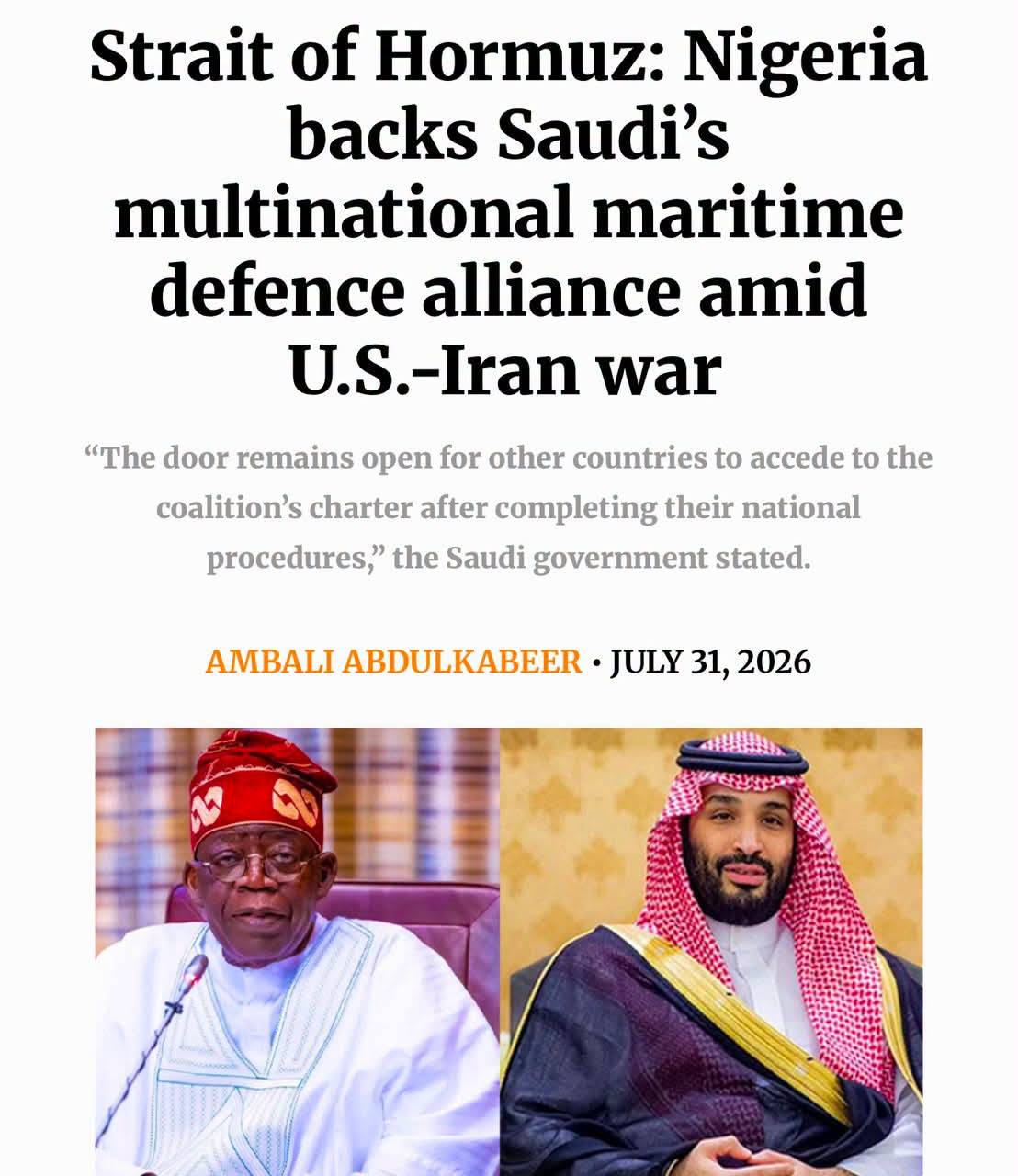 Nigeria has declared support for Saudi Arabia's proposal to establish a multinational maritime defen...