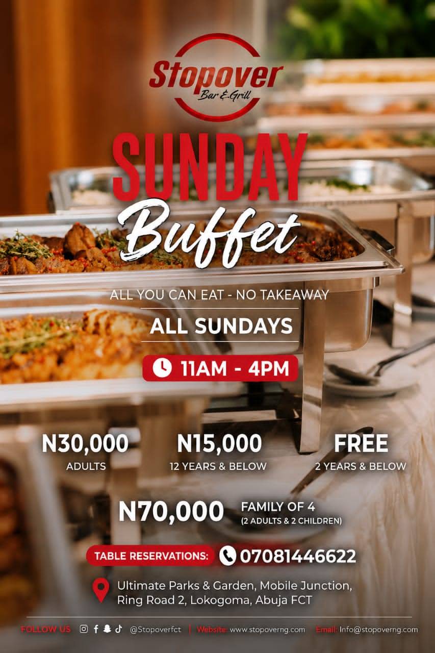 *SUNDAY BUFFET @STOPOVER FCT*
*NEXT EDITION ๐
:- 7TH JUNE 2026*
*โฐ:- 11AM - 4PM*
Indulge in a...