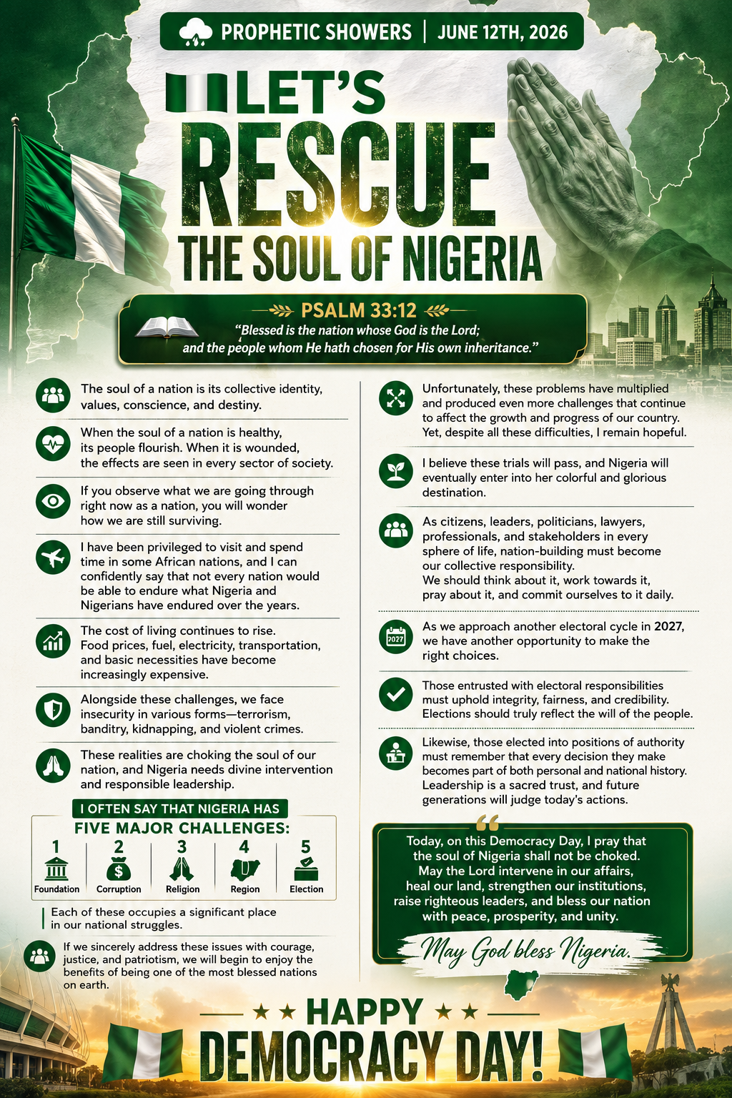 ๐ง PROPHETIC SHOWERS | JUNE 12TH, 2026
๐ณ๐ฌ LET'S RESCUE THE SOUL OF NIGERIA |
๐ PSALM 33:12:
BLESSE...