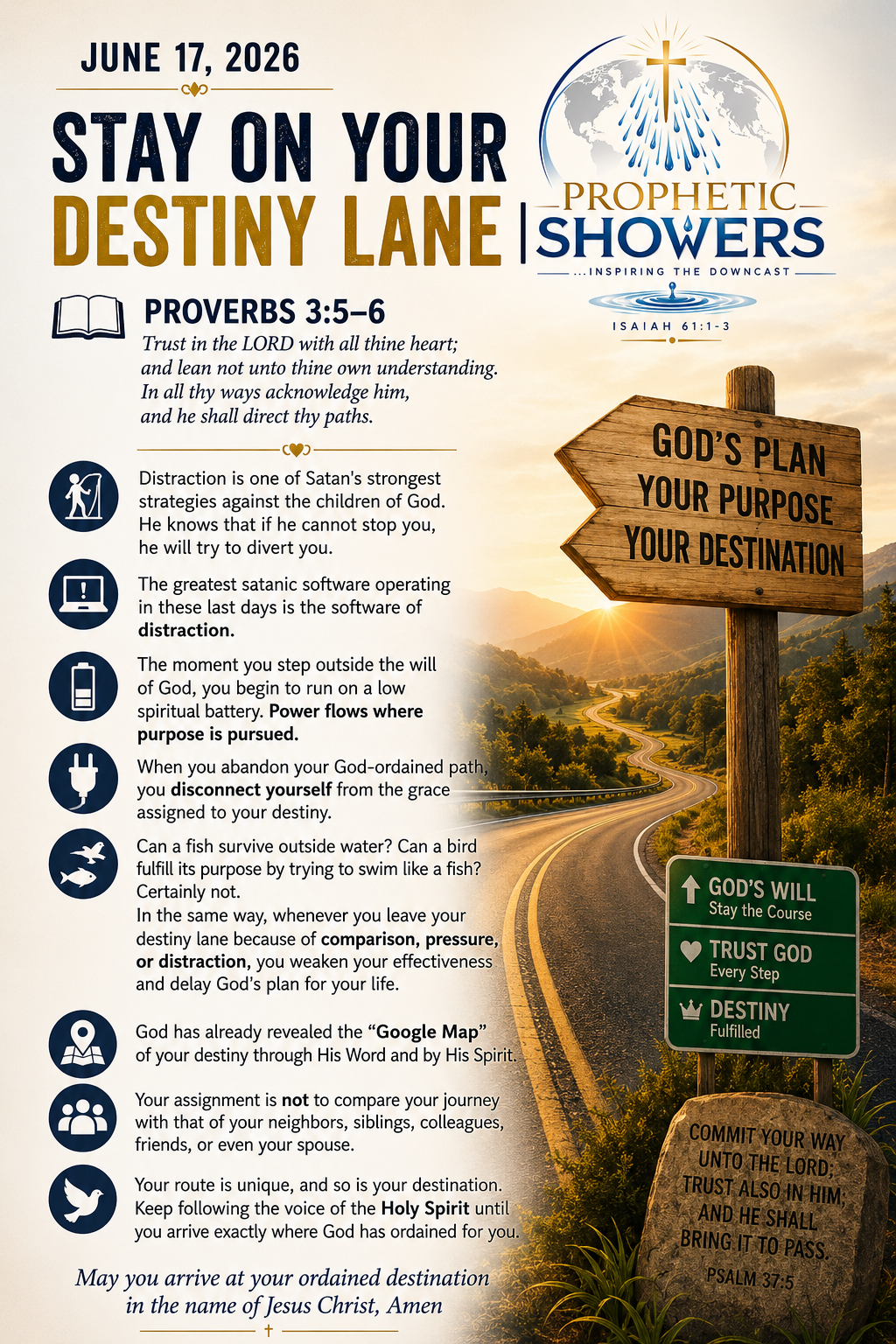๐ง PROPHETIC SHOWERS | JUNE 17, 2026
STAY ON YOUR DESTINY LANE |
๐ PROVERBS 3:5โ6
Trust in the LOR...