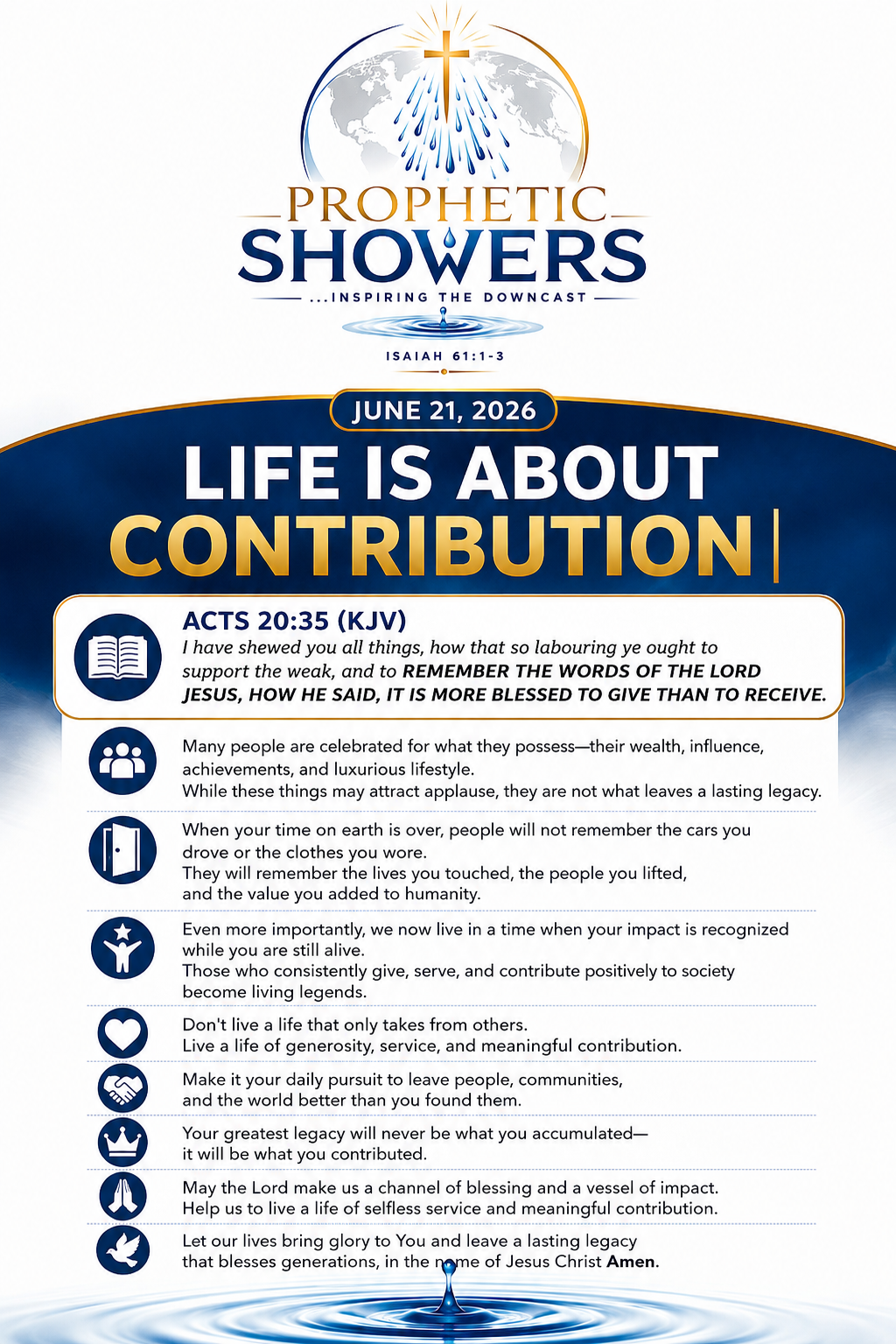 🌧️ PROPHETIC SHOWERS | JUNE 21, 2026
LIFE IS ABOUT CONTRIBUTION |
📖 ACTS 20:35 (KJV)
I have shewe...