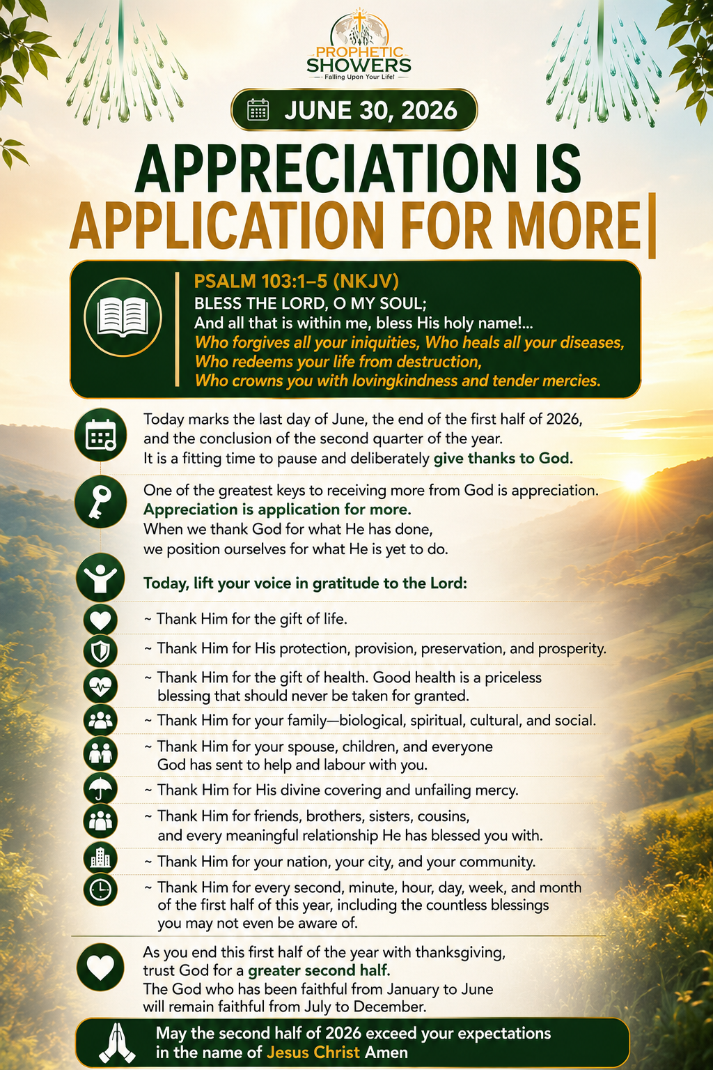 π§ PROPHETIC SHOWERS | JUNE 30, 2026
APPRECIATION IS APPLICATION FOR MORE |
π PSALM 103:1β5 (NKJV)...