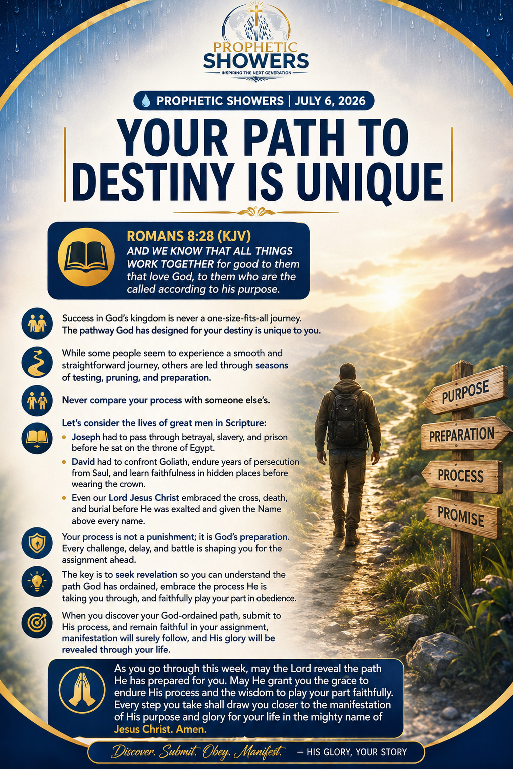 ๐ง PROPHETIC SHOWERS | JULY 6, 2026
YOUR PATH TO DESTINY IS UNIQUE |
๐ ROMANS 8:28 (KJV)
AND WE KN...