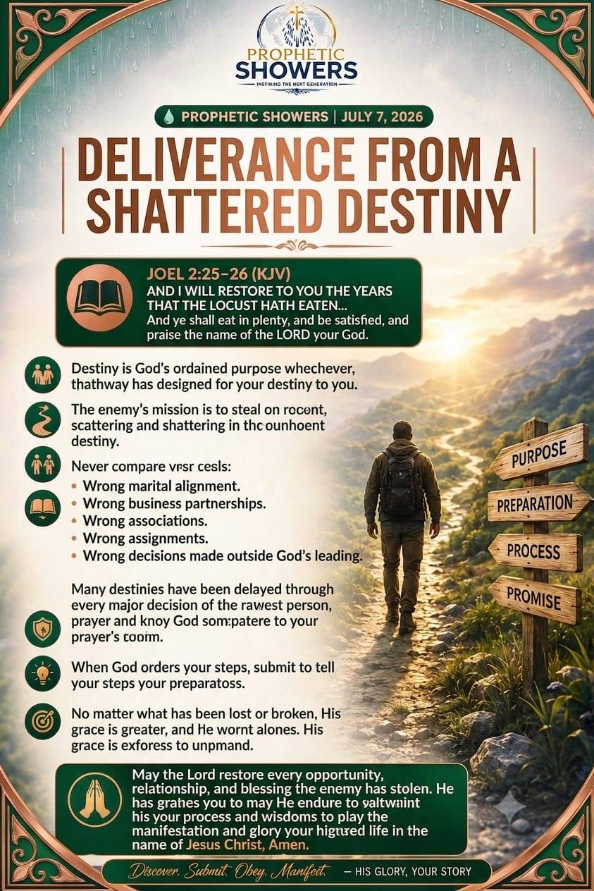 ๐ง PROPHETIC SHOWERS | JULY 7, 2026
DELIVERANCE FROM A SHATTERED DESTINY |
๐ JOEL 2:25โ26 (KJV)
AN...