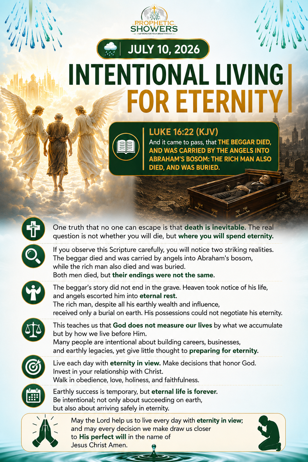🌧 PROPHETIC SHOWERS | JULY 10, 2026

INTENTIONAL LIVING FOR ETERNITY |

📖 LUKE 16:22 (KJV)
And it c...
