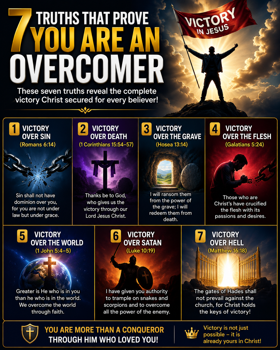 These seven truths reveal the complete victory Christ secured for every believer:
Victory over Sin...